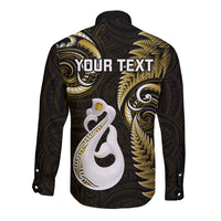 Personalised New Zealand Long Sleeve Button Shirt Aotearoa Silver Fern With Manaia Maori Unique Gold - Wonder Print Shop