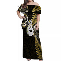 Personalised New Zealand Off Shoulder Maxi Dress Aotearoa Silver Fern With Manaia Maori Unique Gold - Wonder Print Shop