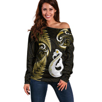 Personalised New Zealand Off Shoulder Sweater Aotearoa Silver Fern With Manaia Maori Unique Gold - Wonder Print Shop