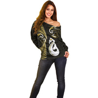 Personalised New Zealand Off Shoulder Sweater Aotearoa Silver Fern With Manaia Maori Unique Gold - Wonder Print Shop
