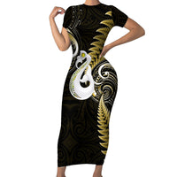Personalised New Zealand Short Sleeve Bodycon Dress Aotearoa Silver Fern With Manaia Maori Unique Gold - Wonder Print Shop
