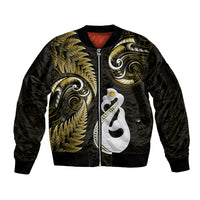 Personalised New Zealand Sleeve Zip Bomber Jacket Aotearoa Silver Fern With Manaia Maori Unique Gold - Wonder Print Shop
