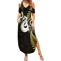 Personalised New Zealand Summer Maxi Dress Aotearoa Silver Fern With Manaia Maori Unique Gold - Wonder Print Shop