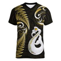 Personalised New Zealand Women V Neck T Shirt Aotearoa Silver Fern With Manaia Maori Unique Gold - Wonder Print Shop