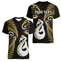 Personalised New Zealand Women V Neck T Shirt Aotearoa Silver Fern With Manaia Maori Unique Gold - Wonder Print Shop