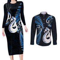 Personalised New Zealand Couples Long Sleeve Bodycon Dress and Long Sleeve Button Shirts Aotearoa Silver Fern With Manaia Maori Unique Blue - Wonder Print Shop