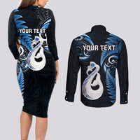 Personalised New Zealand Couples Long Sleeve Bodycon Dress and Long Sleeve Button Shirts Aotearoa Silver Fern With Manaia Maori Unique Blue - Wonder Print Shop