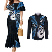 personalised-new-zealand-couples-mermaid-dress-and-long-sleeve-button-shirts-aotearoa-silver-fern-with-manaia-maori-unique-blue