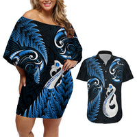 Personalised New Zealand Couples Off Shoulder Short Dress and Hawaiian Shirt Aotearoa Silver Fern With Manaia Maori Unique Blue - Wonder Print Shop