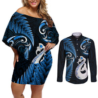 Personalised New Zealand Couples Off Shoulder Short Dress and Long Sleeve Button Shirts Aotearoa Silver Fern With Manaia Maori Unique Blue - Wonder Print Shop