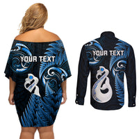Personalised New Zealand Couples Off Shoulder Short Dress and Long Sleeve Button Shirts Aotearoa Silver Fern With Manaia Maori Unique Blue - Wonder Print Shop