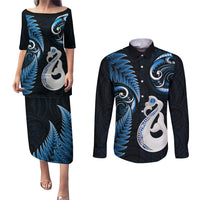 Personalised New Zealand Couples Puletasi Dress and Long Sleeve Button Shirts Aotearoa Silver Fern With Manaia Maori Unique Blue - Wonder Print Shop