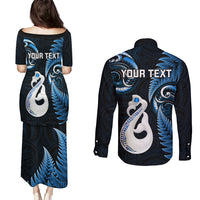 Personalised New Zealand Couples Puletasi Dress and Long Sleeve Button Shirts Aotearoa Silver Fern With Manaia Maori Unique Blue - Wonder Print Shop