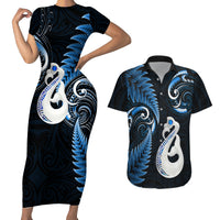 Personalised New Zealand Couples Short Sleeve Bodycon Dress and Hawaiian Shirt Aotearoa Silver Fern With Manaia Maori Unique Blue - Wonder Print Shop