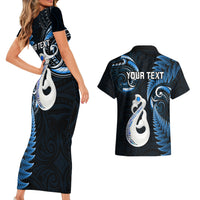 Personalised New Zealand Couples Short Sleeve Bodycon Dress and Hawaiian Shirt Aotearoa Silver Fern With Manaia Maori Unique Blue - Wonder Print Shop
