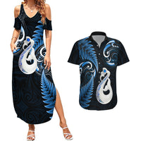 Personalised New Zealand Couples Summer Maxi Dress and Hawaiian Shirt Aotearoa Silver Fern With Manaia Maori Unique Blue - Wonder Print Shop