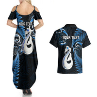 Personalised New Zealand Couples Summer Maxi Dress and Hawaiian Shirt Aotearoa Silver Fern With Manaia Maori Unique Blue - Wonder Print Shop