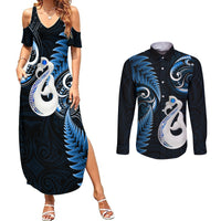 Personalised New Zealand Couples Summer Maxi Dress and Long Sleeve Button Shirts Aotearoa Silver Fern With Manaia Maori Unique Blue - Wonder Print Shop