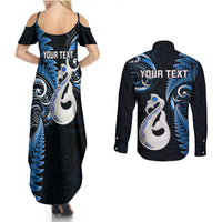 Personalised New Zealand Couples Summer Maxi Dress and Long Sleeve Button Shirts Aotearoa Silver Fern With Manaia Maori Unique Blue - Wonder Print Shop