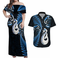 Personalised New Zealand Couples Off Shoulder Maxi Dress and Hawaiian Shirt Aotearoa Silver Fern With Manaia Maori Unique Blue - Wonder Print Shop