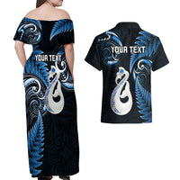 Personalised New Zealand Couples Off Shoulder Maxi Dress and Hawaiian Shirt Aotearoa Silver Fern With Manaia Maori Unique Blue - Wonder Print Shop