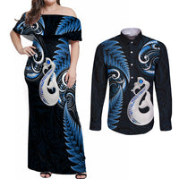 Personalised New Zealand Couples Off Shoulder Maxi Dress and Long Sleeve Button Shirts Aotearoa Silver Fern With Manaia Maori Unique Blue - Wonder Print Shop