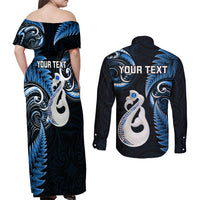 Personalised New Zealand Couples Off Shoulder Maxi Dress and Long Sleeve Button Shirts Aotearoa Silver Fern With Manaia Maori Unique Blue - Wonder Print Shop