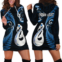 Personalised New Zealand Hoodie Dress Aotearoa Silver Fern With Manaia Maori Unique Blue - Wonder Print Shop