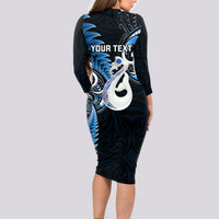 Personalised New Zealand Long Sleeve Bodycon Dress Aotearoa Silver Fern With Manaia Maori Unique Blue - Wonder Print Shop