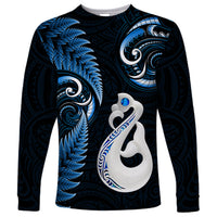 Personalised New Zealand Long Sleeve Shirt Aotearoa Silver Fern With Manaia Maori Unique Blue - Wonder Print Shop