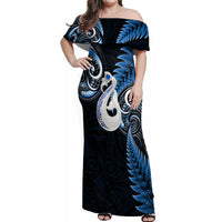 Personalised New Zealand Off Shoulder Maxi Dress Aotearoa Silver Fern With Manaia Maori Unique Blue - Wonder Print Shop