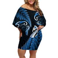 Personalised New Zealand Off Shoulder Short Dress Aotearoa Silver Fern With Manaia Maori Unique Blue - Wonder Print Shop