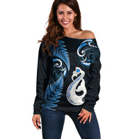 Personalised New Zealand Off Shoulder Sweater Aotearoa Silver Fern With Manaia Maori Unique Blue - Wonder Print Shop