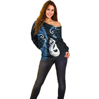 Personalised New Zealand Off Shoulder Sweater Aotearoa Silver Fern With Manaia Maori Unique Blue - Wonder Print Shop
