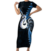 Personalised New Zealand Short Sleeve Bodycon Dress Aotearoa Silver Fern With Manaia Maori Unique Blue - Wonder Print Shop