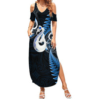 Personalised New Zealand Summer Maxi Dress Aotearoa Silver Fern With Manaia Maori Unique Blue - Wonder Print Shop