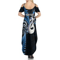 Personalised New Zealand Summer Maxi Dress Aotearoa Silver Fern With Manaia Maori Unique Blue - Wonder Print Shop