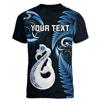 Personalised New Zealand Women V Neck T Shirt Aotearoa Silver Fern With Manaia Maori Unique Blue - Wonder Print Shop