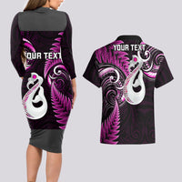 Personalised New Zealand Couples Long Sleeve Bodycon Dress and Hawaiian Shirt Aotearoa Silver Fern With Manaia Maori Unique Pink - Wonder Print Shop