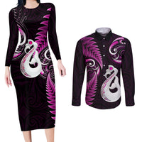 Personalised New Zealand Couples Long Sleeve Bodycon Dress and Long Sleeve Button Shirts Aotearoa Silver Fern With Manaia Maori Unique Pink - Wonder Print Shop