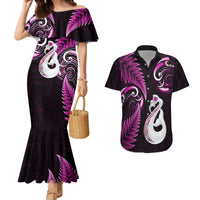 Personalised New Zealand Couples Mermaid Dress And Hawaiian Shirt Aotearoa Silver Fern With Manaia Maori Unique Pink - Wonder Print Shop