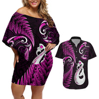 Personalised New Zealand Couples Off Shoulder Short Dress and Hawaiian Shirt Aotearoa Silver Fern With Manaia Maori Unique Pink - Wonder Print Shop