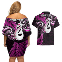 Personalised New Zealand Couples Off Shoulder Short Dress and Hawaiian Shirt Aotearoa Silver Fern With Manaia Maori Unique Pink - Wonder Print Shop
