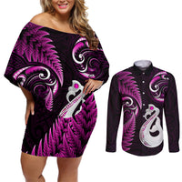 Personalised New Zealand Couples Off Shoulder Short Dress and Long Sleeve Button Shirts Aotearoa Silver Fern With Manaia Maori Unique Pink - Wonder Print Shop