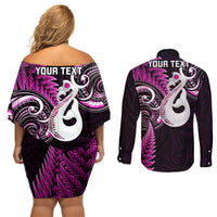 Personalised New Zealand Couples Off Shoulder Short Dress and Long Sleeve Button Shirts Aotearoa Silver Fern With Manaia Maori Unique Pink - Wonder Print Shop