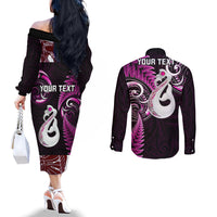 personalised-new-zealand-couples-off-the-shoulder-long-sleeve-dress-and-long-sleeve-button-shirts-aotearoa-silver-fern-with-manaia-maori-unique-pink