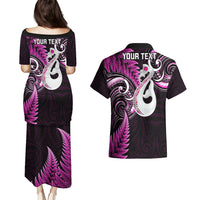 Personalised New Zealand Couples Puletasi Dress and Hawaiian Shirt Aotearoa Silver Fern With Manaia Maori Unique Pink - Wonder Print Shop