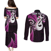 Personalised New Zealand Couples Puletasi Dress and Long Sleeve Button Shirts Aotearoa Silver Fern With Manaia Maori Unique Pink - Wonder Print Shop