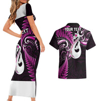 Personalised New Zealand Couples Short Sleeve Bodycon Dress and Hawaiian Shirt Aotearoa Silver Fern With Manaia Maori Unique Pink - Wonder Print Shop