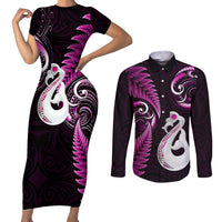 Personalised New Zealand Couples Short Sleeve Bodycon Dress and Long Sleeve Button Shirts Aotearoa Silver Fern With Manaia Maori Unique Pink - Wonder Print Shop